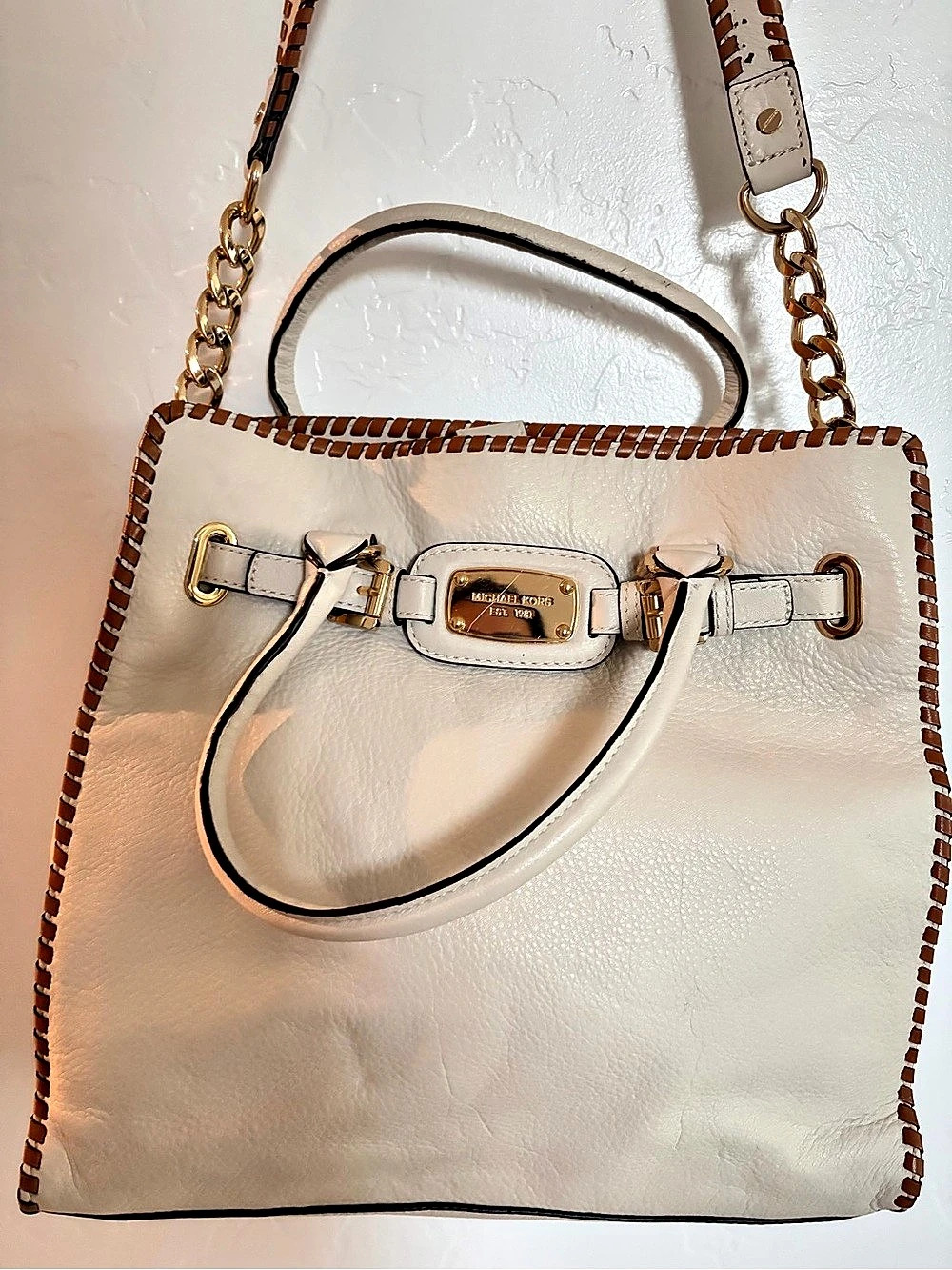 Michael Kors Hamilton Whipstitch Satchel Whipstitch Leather Satchel White &